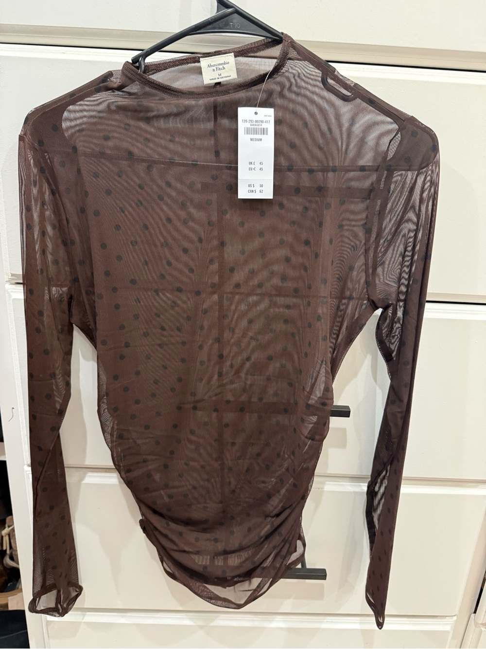 Abercrombie  Brown Sheer Long-Sleeve Polka Dot Top NWT